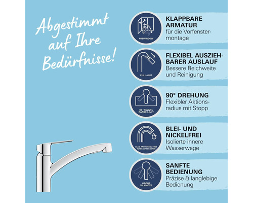 Küchenarmatur mit klappbarer Funktion, flexiblem Auslauf, 90 Grad Drehung, blei- und nickelfrei und sanfter Bedienung