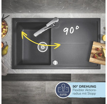 Draufsicht auf eine schwarze Küchenspüle mit 90 Grad Drehwinkel
