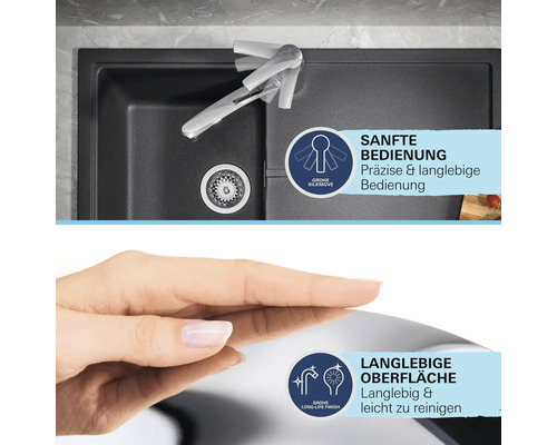 Spüle mit Armatur und Grohe SilkMove Symbol für sanfte Bedienung und Grohe Long-Life Finish Symbol für langlebige Oberfläche