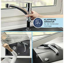 Klappbare Küchenarmatur für Vorfenstermontage mit ausziehbarer Geschirrbrause