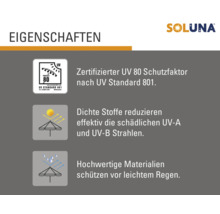 Soluna Produkteigenschaften: UV 80 Schutzfaktor, dichte Stoffe reduzieren UV-A und UV-B Strahlen, hochwertige Materialien schützen vor leichtem Regen