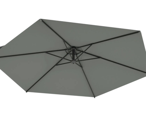 Grauer Sonnenschirm mit Metallgestell von unten