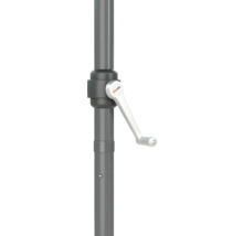 Vue détaillée d'un pied de parasol avec manivelle et logo Soluna.