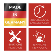 Symboles pour Fabriqué en Allemagne, fiabilité, longue durée de vie, montage facile et nettoyage facile