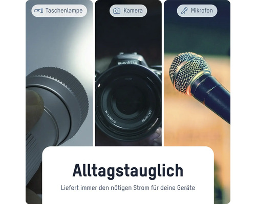Darstellung von Taschenlampe, Kamera und Mikrofon zur Illustration der Alltagstauglichkeit eines Produkts