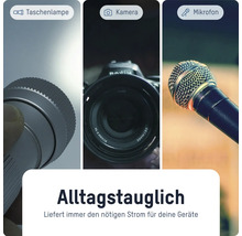 Taschenlampe, Kamera und Mikrofon als Beispiele für Geräte, die mit Strom versorgt werden müssen