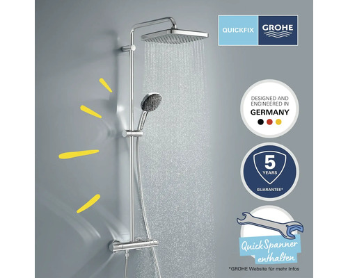 Système de douche Grohe Quickfix avec douche de tête et douchette à main ainsi que mitigeur thermostatique. Logo Grohe. Fabriqué en Allemagne. Garantie de cinq ans. Clé de montage incluse.