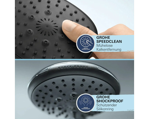 Gros plan d'une pomme de douche avec fonction Grohe Speedclean et anneau en silicone Shockproof