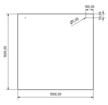 Plaque carrée mesurant 1000 sur 1000 millimètres et trou de perçage de cinq millimètres de diamètre.