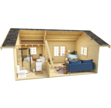 Vue en coupe d'une maison en bois avec salle de bains, chambre et salon.