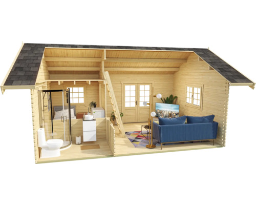 Vue en coupe d'une maison en bois avec salle de bains, chambre et salon.