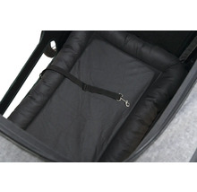 Innenansicht eines Hundeanhängers mit gepolsterter Matte und Sicherheitsgurt