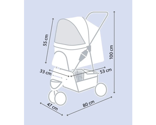 Dimensionsdarstellung eines Tierwagens mit den Maßen 100 x 80 x 47 x 55 x 53 x 33 Zentimeter
