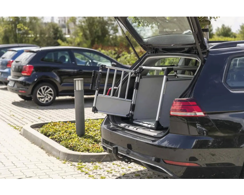 Hundebox im Kofferraum eines Autos.