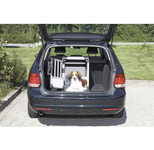 Hund in einer Transportbox im Kofferraum eines Autos.