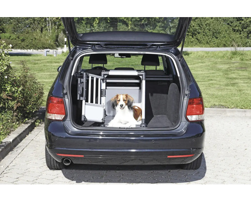 Hund in einer Transportbox im Kofferraum eines Autos.