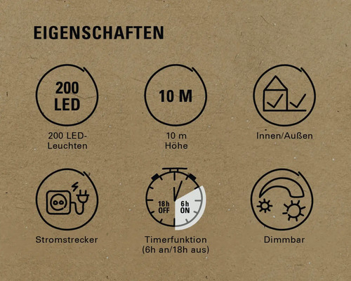 Eigenschaften: 200 LED Lichter, 10 Meter Höhe, Innen- und Außenbereich, Stromstecker, Timerfunktion sechs Stunden an und 18 Stunden aus, Dimmbar