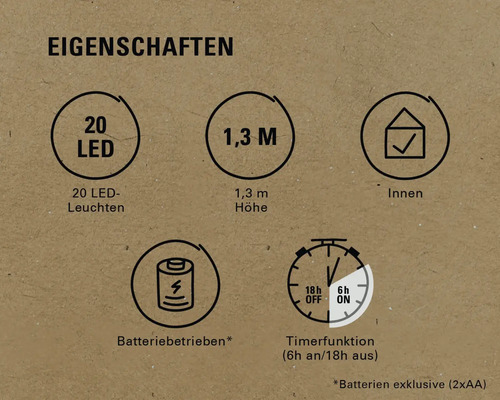 Eigenschaften: 20 LED Leuchten, 1,3 Meter Höhe, geeignet für Innenräume, Batteriebetrieb, Timerfunktion