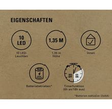 Produktmerkmale: 10 LEDs, 1,35 Meter Höhe, geeignet für den Innenbereich, batteriebetrieben, Timerfunktion mit 6 Stunden ein und 18 Stunden aus