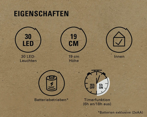 Eigenschaften: 30 LEDs, 19 cm Höhe, für Innenräume, Batteriebetrieb, Timerfunktion