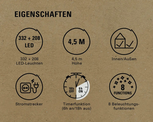 Eigenschaften: 332 plus 208 LED-Leuchten, 4,5 Meter Höhe, geeignet für Innen- und Aussenbereiche, Stromstecker, Timerfunktion mit sechs Stunden an und 18 Stunden aus, acht Beleuchtungsfunktionen