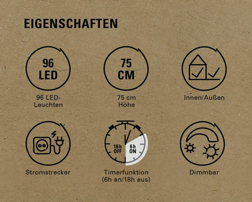 Produkteigenschaften: 96 LEDs, 75 cm Höhe, für Innen- und Außenbereich, Netzstecker, Timerfunktion (6 Stunden an, 18 Stunden aus), dimmbar