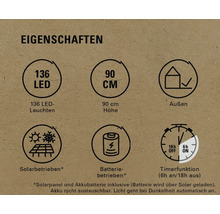 Produktmerkmale: 136 LED Lampen, 90 Zentimeter Höhe, für den Aussenbereich geeignet, Solarbetrieb, Batteriebetrieb, Timerfunktion