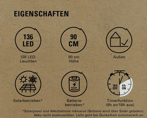Produktmerkmale: 136 LED Lampen, 90 Zentimeter Höhe, für den Aussenbereich geeignet, Solarbetrieb, Batteriebetrieb, Timerfunktion