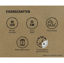 Eigenschaften: 60 LEDs, 53 Zentimeter Höhe, Innen- und Aussenbereich geeignet, batteriebetrieben, Timerfunktion sechs Stunden ein und 18 Stunden aus