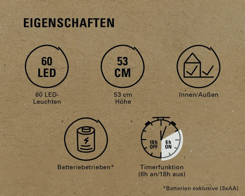 Eigenschaften: 60 LEDs, 53 Zentimeter Höhe, Innen- und Aussenbereich geeignet, batteriebetrieben, Timerfunktion sechs Stunden ein und 18 Stunden aus