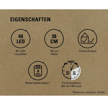 Eigenschaften: 40 LEDs, 38 Zentimeter Höhe, für Innen- und Außenbereich, Batteriebetrieb, Timerfunktion