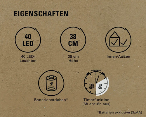 Eigenschaften: 40 LEDs, 38 Zentimeter Höhe, für Innen- und Außenbereich, Batteriebetrieb, Timerfunktion