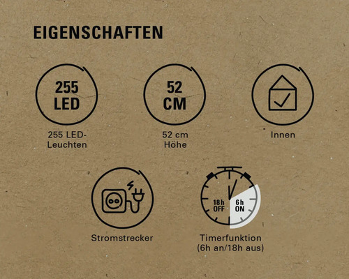 Eigenschaften: 255 LEDs, 52 Zentimeter Höhe, geeignet für Innenräume, Stromstecker, Timerfunktion (6 Stunden an, 18 Stunden aus)