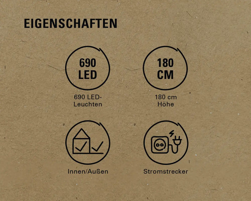 Eigenschaften: 690 LEDs, 180 Zentimeter Höhe, geeignet für Innen und Aussen, Stromstecker
