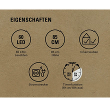 Eigenschaften: 60 LED Leuchten, 85 cm Höhe, Innen- und Aussenbereich geeignet, Stromstecker, Timerfunktion