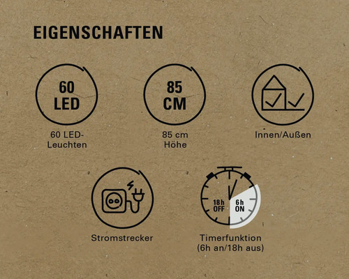 Eigenschaften: 60 LED Leuchten, 85 cm Höhe, Innen- und Aussenbereich geeignet, Stromstecker, Timerfunktion