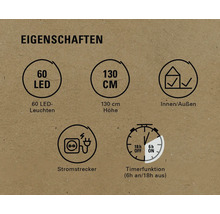 Eigenschaften: 60 LEDs, 130 Zentimeter Höhe, geeignet für Innen und Außen, Netzstecker, Timerfunktion (6 Stunden an, 18 Stunden aus)