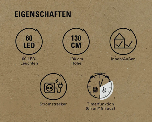 Eigenschaften: 60 LEDs, 130 Zentimeter Höhe, geeignet für Innen und Außen, Netzstecker, Timerfunktion (6 Stunden an, 18 Stunden aus)