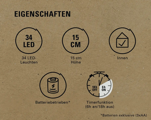 Produktmerkmale: 34 LEDs, 15 Zentimeter Höhe, geeignet für Innenräume, Batteriebetrieb, Timerfunktion