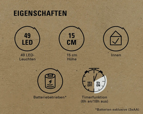 Produktmerkmale: 49 LEDs, 15 cm Höhe, Innenbereich, Batteriebetrieb, Timerfunktion
