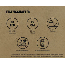 Eigenschaften: 60 LED Leuchten, 25 cm Höhe, geeignet für Außen, Solarbetrieb und Batteriebetrieb