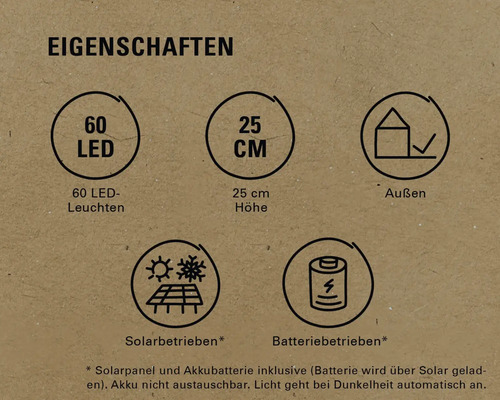 Eigenschaften: 60 LED Leuchten, 25 cm Höhe, geeignet für Außen, Solarbetrieb und Batteriebetrieb