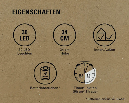 Produktmerkmale: 30 LEDs, 34 cm Höhe, für Innen- und Aussenbereich geeignet, batteriebetrieben, Timerfunktion
