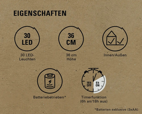 Eigenschaften: 30 LED Leuchten, 36 Zentimeter Höhe, Innen- und Aussenbereich, Batteriebetrieb, Timerfunktion (6 Stunden ein, 18 Stunden aus)