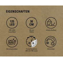 Eigenschaften: 125 LEDs, 30 cm Höhe, geeignet für Innen- und Außenbereich, Netzstecker, Timerfunktion (6 Stunden an, 18 Stunden aus), dimmbar