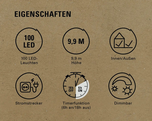 Eigenschaften: 100 LED Leuchten, 9,9 m Höhe, Innen- und Außenbereich, Stromstecker, Timerfunktion (6h an/18h aus), Dimmbar
