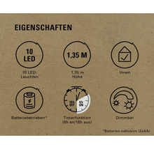 Eigenschaften: 10 LEDs, 1,35 Meter Höhe, geeignet für den Innenbereich, Batteriebetrieb, Timerfunktion (6 Stunden an/18 Stunden aus), dimmbar