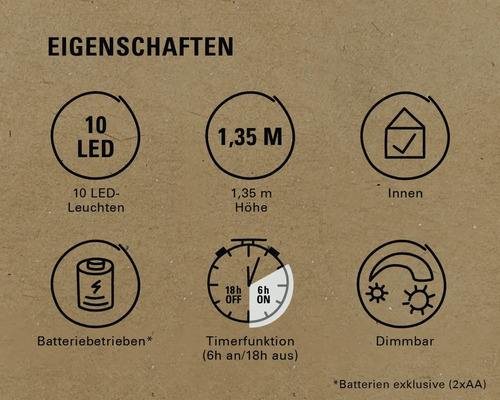 Eigenschaften: 10 LEDs, 1,35 Meter Höhe, geeignet für den Innenbereich, Batteriebetrieb, Timerfunktion (6 Stunden an/18 Stunden aus), dimmbar