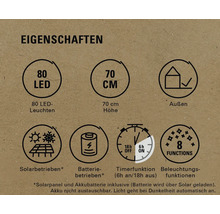 Eigenschaften: 80 LEDs, 70 cm Höhe, geeignet für den Aussenbereich, solarbetrieben, batteriebetrieben, Timerfunktion, acht Beleuchtungsfunktionen
