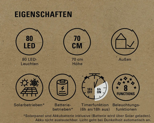 Eigenschaften: 80 LEDs, 70 cm Höhe, geeignet für den Aussenbereich, solarbetrieben, batteriebetrieben, Timerfunktion, acht Beleuchtungsfunktionen